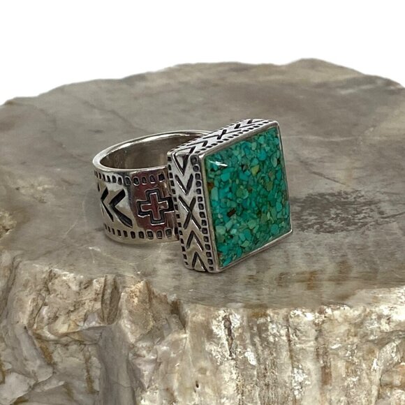 Retired Silpada Sterling Silver 925 Heavy Crushed Turquoise Stamped Ring Sz 7.5 - Picture 1 of 16